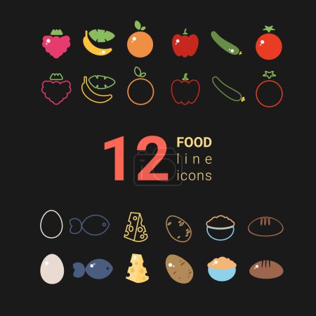 Illustration for The dietary nutrition food outline icon set fruits and vegetables with egg, fish, hard cheese, oatmeal, and bread. Healthy eating concept vector illustration - Royalty Free Image