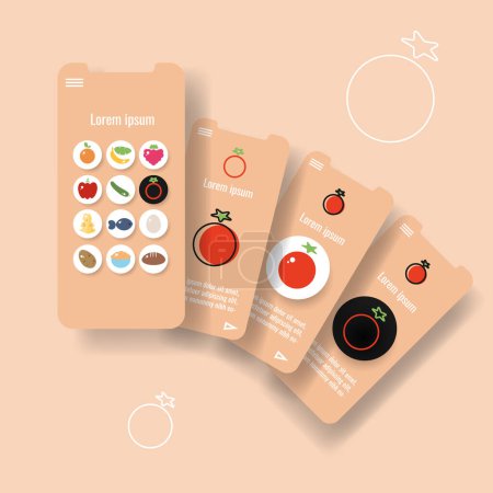 Téléchargez les illustrations : Template mobile app page with tomato vegetable. Food outline icon vector illustration - en licence libre de droit