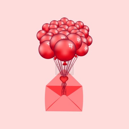 Téléchargez les illustrations : Festive bunch of red fly balloons tied with a heart postcard and envelope on pink background for Valentines card. Vector illustration - en licence libre de droit