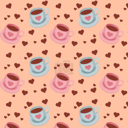 Illustration for Seamless pattern with pink and blue coffee cups and chocolate hearts on a beige background. Vector illustration - Royalty Free Image
