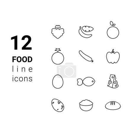 Illustration for Vector illustration dietary nutrition food outline icon set - strawberry, banana, orange, tomato, cucumber, bell pepper, egg, fish, hard cheese, potato, oatmeal, bread Healthy eating concept - Royalty Free Image