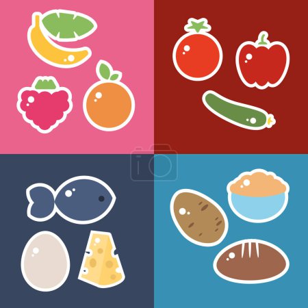 Téléchargez les illustrations : Fruit and vegetable stickers of healthy nutrition with bread, oat porridge, potato carbohydrates, and egg, fish, and cheese proteins. Outline vector illustration - en licence libre de droit
