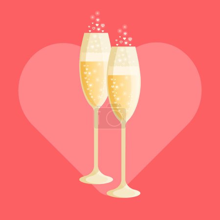 Téléchargez les illustrations : Two glasses of champagne with bubbles isolated on a red heart background - en licence libre de droit