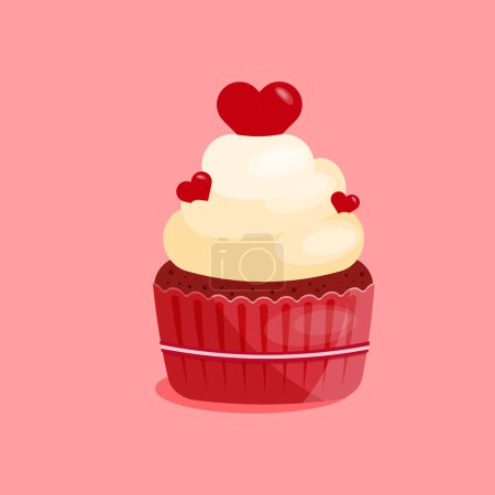 Téléchargez les illustrations : Cupcake with heart shape cherry in flat style isolated on pink background. Love, valentines day concept. Vector illustration - en licence libre de droit