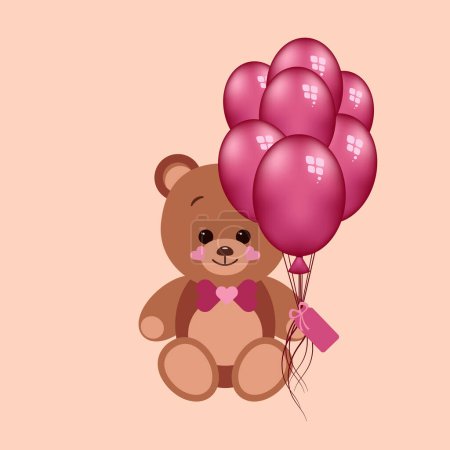 Téléchargez les illustrations : Sweet teddy with a bow tie and purple balls sitting on beige background - en licence libre de droit