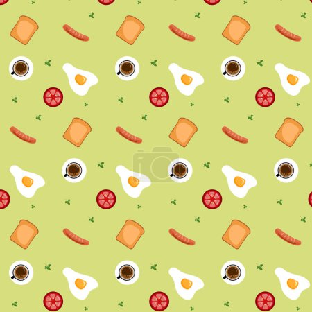 Téléchargez les illustrations : Seamless pattern with eggs and fried sausages, tomato, toast, and a cup of coffee. Breakfast wallpaper on green background. Paper cut out vector - en licence libre de droit