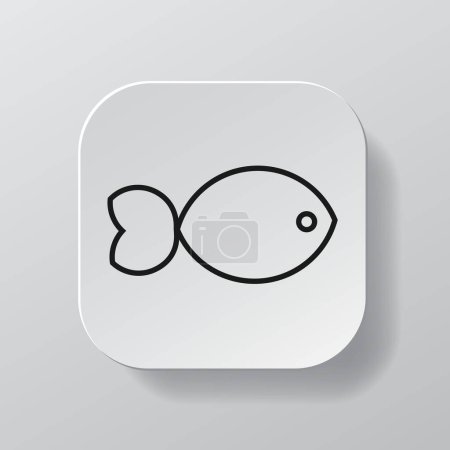 Illustration for White square button with fish line icon, black outline fish on the white plate. Flat symbol sign vector illustration isolated on white background. Healthy nutrition concept - Royalty Free Image