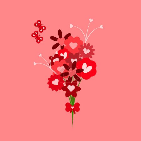 Illustration for Flowers bouquet with butterflies tied with heart shape bow. Love flat icon - Royalty Free Image