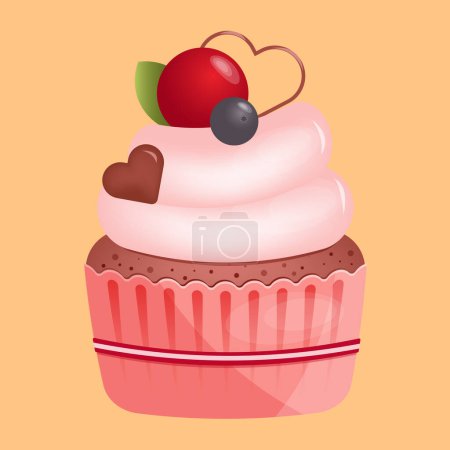 Téléchargez les illustrations : Cupcake with heart shape chocolate and cherry on the plate in flat style isolated on yellow background. Love, valentines day concept. Vector illustration - en licence libre de droit