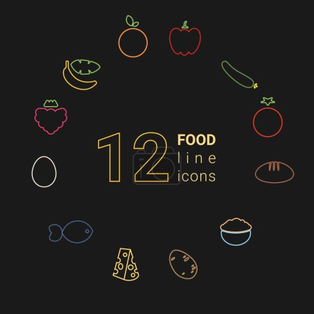Illustration for The dietary nutrition food outline icon set fruits and vegetables with egg, fish, hard cheese, oatmeal, and bread. Healthy eating concept vector illustration - Royalty Free Image