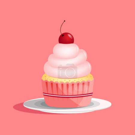 Téléchargez les illustrations : Cupcake with a cherry on the plate in flat style isolated on pink background. Love, valentines day concept. Vector illustration - en licence libre de droit