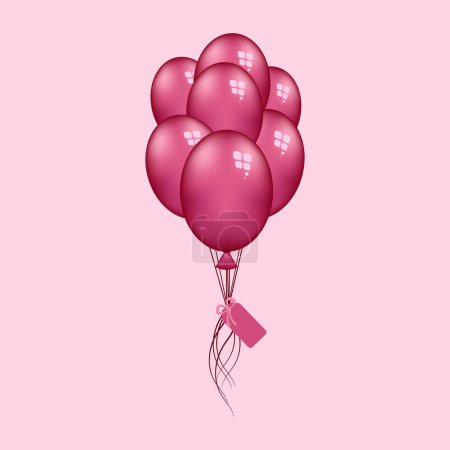 Téléchargez les illustrations : Festive bunch of purple fly balloons tied with a tag on pink background for Valentines card. Vector illustration - en licence libre de droit