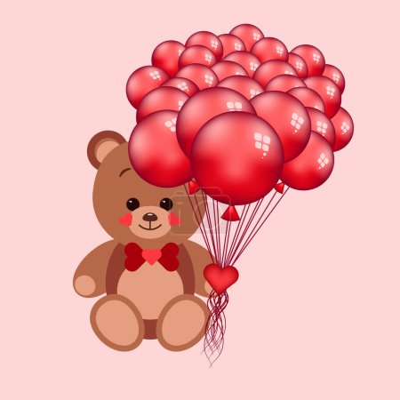 Illustration for Sweet teddy with a bow tie and red balls sitting on pink background - Royalty Free Image