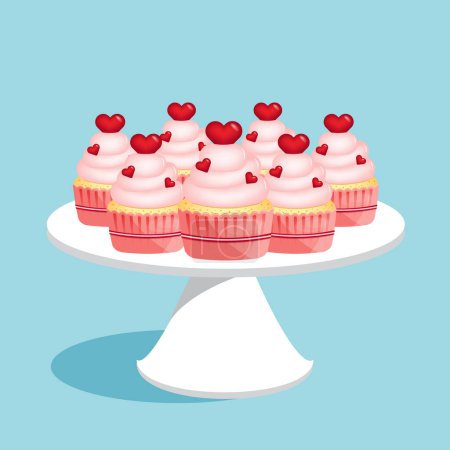 Téléchargez les illustrations : Many flavor cupcakes with berries and red hearts on a white platter, vector Illustration - en licence libre de droit