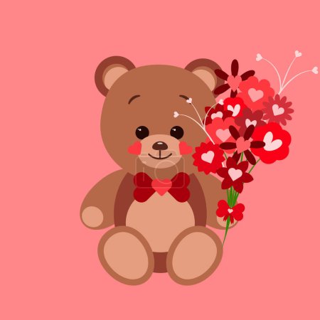 Téléchargez les illustrations : Teddy bear with flowers, greeting card for Valentines day. Vector illustration. Love concept isolated on red - en licence libre de droit