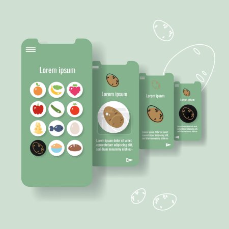 Téléchargez les illustrations : Template mobile app page with potato vegetable. Food outline icon vector illustration - en licence libre de droit