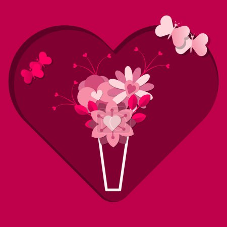 Illustration for The bouquet of different flowers with butterflies in the big heart. Pink flowers in the vase, designed in paper folding style on a burgundy background. Paper cut vector illustration - Royalty Free Image