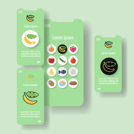 Téléchargez les illustrations : Template mobile app page with banana fruit. Food outline icon vector illustration - en licence libre de droit