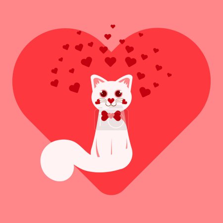 Ilustración de One cat in love on big heart background for valentine day, cute cartoon character, vector illustrations in flat style - Imagen libre de derechos