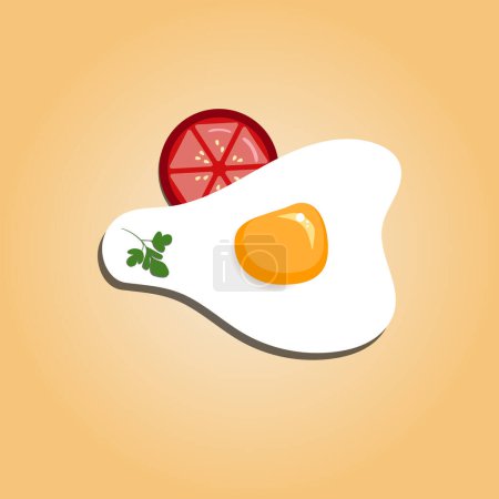 Ilustración de Fried egg with parsley and tomato slice isolated on an orange background, top view. Flat style. Paper cut out vector illustration - Imagen libre de derechos