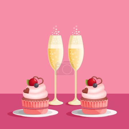 Illustration for Two glasses of champagne and cupcakes. Love concept, vector illustration - Royalty Free Image