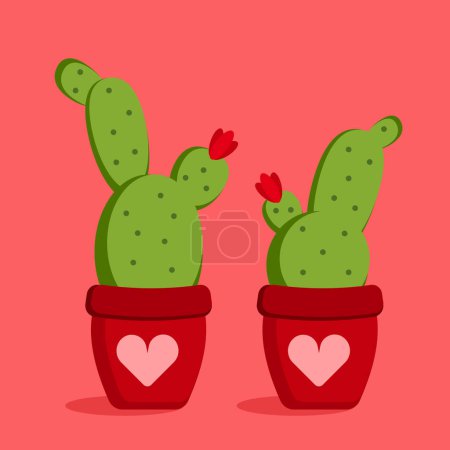 Illustration for Two doodle cacti in the flower pots with heart ornament. Valentine, wedding, love cards, print for decorating clothing - Royalty Free Image