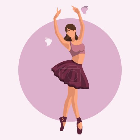 Illustration for Vector illustration classical ballet. Caucasian white woman ballet dancer in a tutu and pointe shoes dancing with butterflies on purple circle background in a flat style - Royalty Free Image