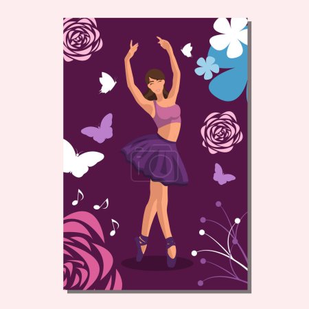 Téléchargez les illustrations : Ballerine blanche blanche sans visage dans un tutu violet et des chaussures pointes dansant sur une affiche violette avec des fleurs et des papillons. Illustration vectorielle en style plat - en licence libre de droit