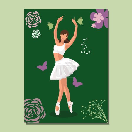 Téléchargez les illustrations : Ballerine blanche blanche sans visage dans un tutu blanc et pointes dansant sur une affiche verte avec des fleurs et des papillons. Illustration vectorielle en style plat - en licence libre de droit