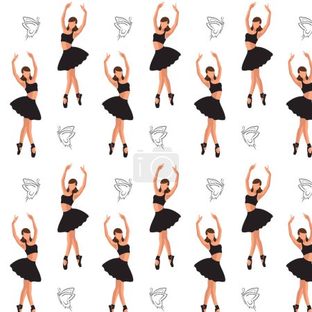 Illustration for Seamless pattern of a faceless dancing ballerina silhouette with the butterfly on white background - Royalty Free Image