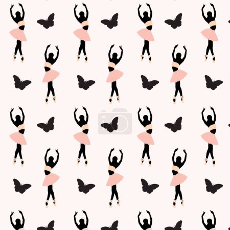 Téléchargez les illustrations : Motif sans couture d'une silhouette de ballerine dansante sans visage avec le papillon sur fond rose - en licence libre de droit