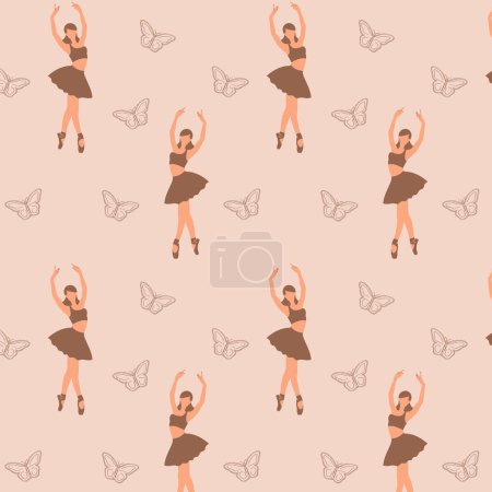Illustration for Seamless pattern of a faceless dancing ballerina silhouette with the butterfly on beige background - Royalty Free Image