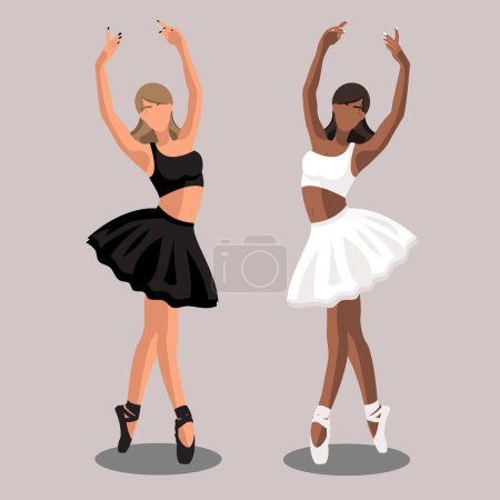 Ilustración de Ilustración vectorial ballet clásico. Bailarinas afroamericanas con un blanco caucásico sin rostro en tutus blanco y negro y zapatos puntiagudos bailando sobre fondo morado en un estilo plano - Imagen libre de derechos