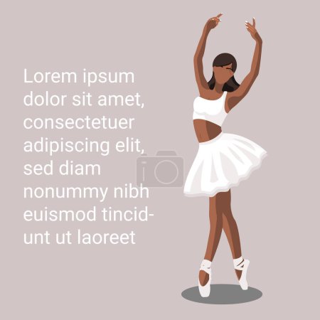 Illustration for African American faceless ballerina in a white tutu and pointe shoes dancing on a purple background with copy space, text Lorem Ipsum. Vector illustration in flat style - Royalty Free Image