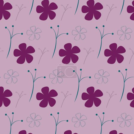 Téléchargez les illustrations : Fleurs violettes avec un motif sans couture sur fond violet. Illustration vectorielle florale violette répétée - en licence libre de droit