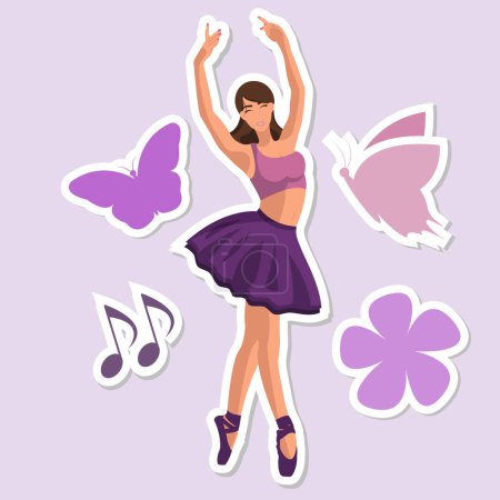 Illustration for Vector illustration classical ballet sticker. Caucasian white faceless ballerina in a purple tutu and pointe shoes dancing with flower, butterfly and musical notes in a flat style - Royalty Free Image