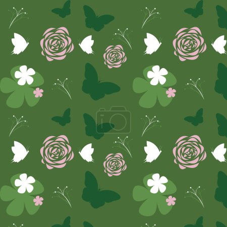 Illustration for Seamless pattern of a green butterfly with a white and pink flower on green grass background, graphic design print, vector illustration - Royalty Free Image