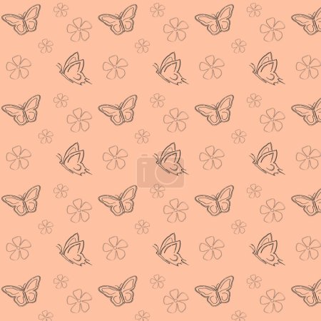 Illustration for Seamless pattern silhouette of the butterfly and flower on beige background, graphic design print, vector illustration - Royalty Free Image