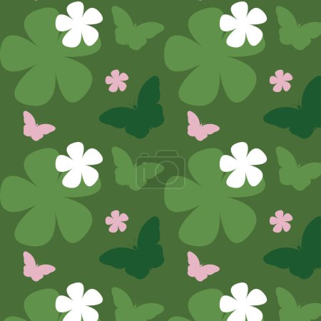 Ilustración de Patrón sin costuras de una mariposa verde con una flor blanca y rosa sobre fondo de hierba verde, impresión de diseño gráfico, ilustración vectorial - Imagen libre de derechos