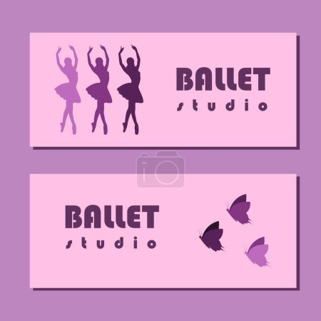 Illustration for Theatre ticket design. Ballet school flyer template. Ballerina silhouette in the tutu and pointe shoe with butterfly. Pink and purple card design. Vector illustration - Royalty Free Image