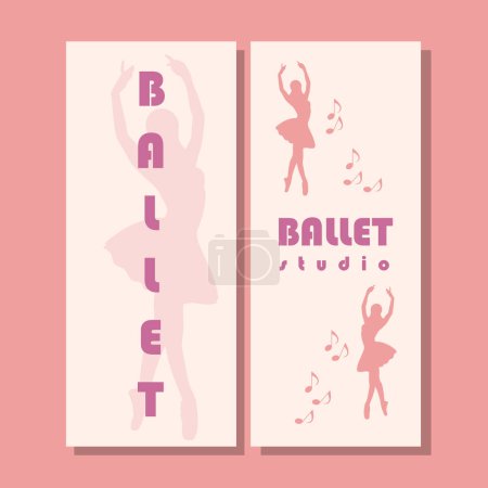 Illustration for Theatre ticket design. Ballet school flyer template. Ballerina silhouette in the tutu and pointe shoe with butterfly. Brown and purple card design. Vector illustration - Royalty Free Image