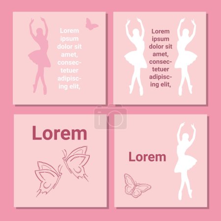 Illustration for Set of theatre ticket design. Ballet flyer template. Ballerina silhouette in the tutu and pointe shoe with butterfly. Pink card design with copy space text. Vector illustration - Royalty Free Image
