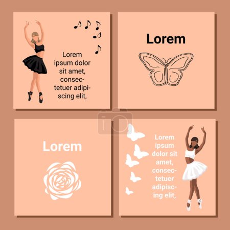 Illustration for Set of theatre ticket design. Ballet flyer template. Ballerina silhouette in the tutu and pointe shoe with butterfly and flower. Brown card design with copy space text. Vector illustration - Royalty Free Image