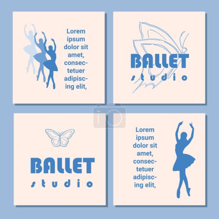 Illustration for Set of theatre ticket design. Ballet school flyer template. Ballerina silhouette in the tutu and pointe shoe with butterfly. Blue card design with copy space text. Vector illustration - Royalty Free Image