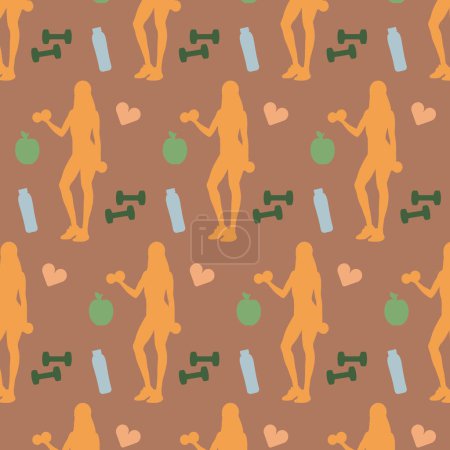 Illustration for Seamless pattern with icons of fitness women, gym dumbbells, bottles of water, hearts, and apples. Vector illustration - Royalty Free Image