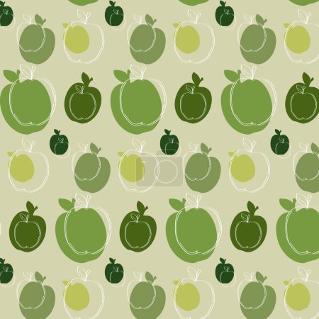 Téléchargez les illustrations : Modèle sans couture pomme verte de différentes tailles sur un fond vert clair. Illustration vectorielle - en licence libre de droit