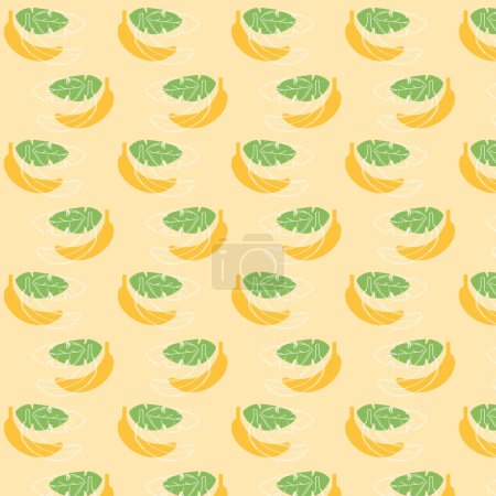 Téléchargez les illustrations : Motif sans couture avec des feuilles de banane vertes et des fruits jaunes sur fond jaune. Illustration vectorielle - en licence libre de droit