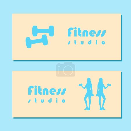 Illustration for Fitness studio school flyer with silhouette of women in sportswear standing and doing a workout with dumbbells on blue background. Vector illustration - Royalty Free Image