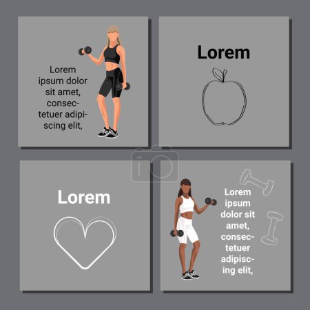 Ilustración de Conjunto de póster de tarjeta de fitness con mujeres caucásicas y afroamericanas en ropa deportiva de pie con pesas y corazón, manzana sobre fondo gris con texto de espacio de copia. Ilustración vectorial - Imagen libre de derechos