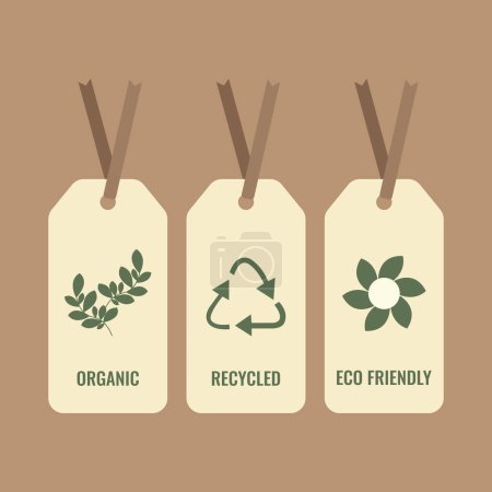 Ilustración de Tres etiquetas ecológicas blancas con rama verde, icono de reciclaje y flor. Ilustración vectorial - Imagen libre de derechos